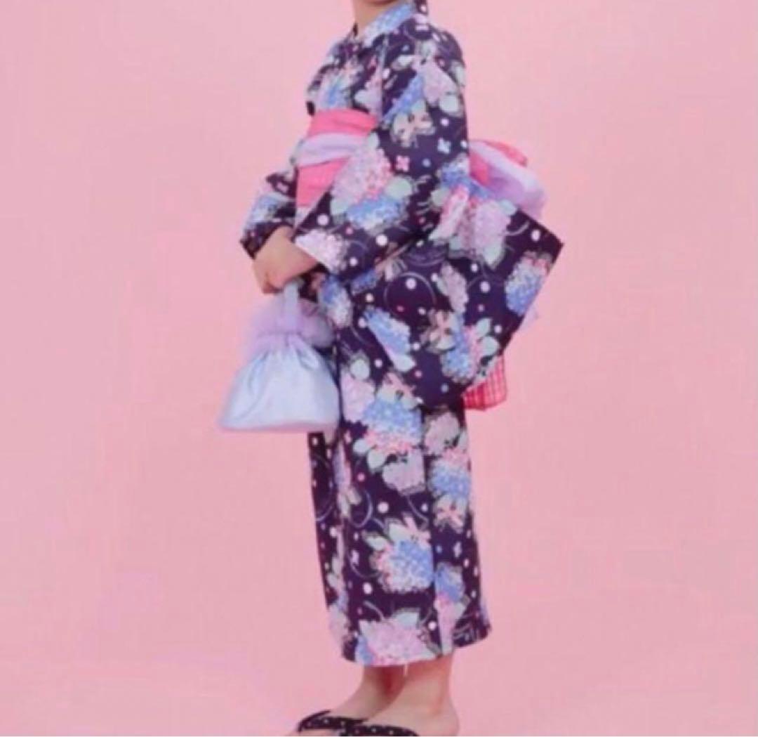 美品　メゾピアノmezzopiano浴衣2way 紫陽花リボン　ラメ　150