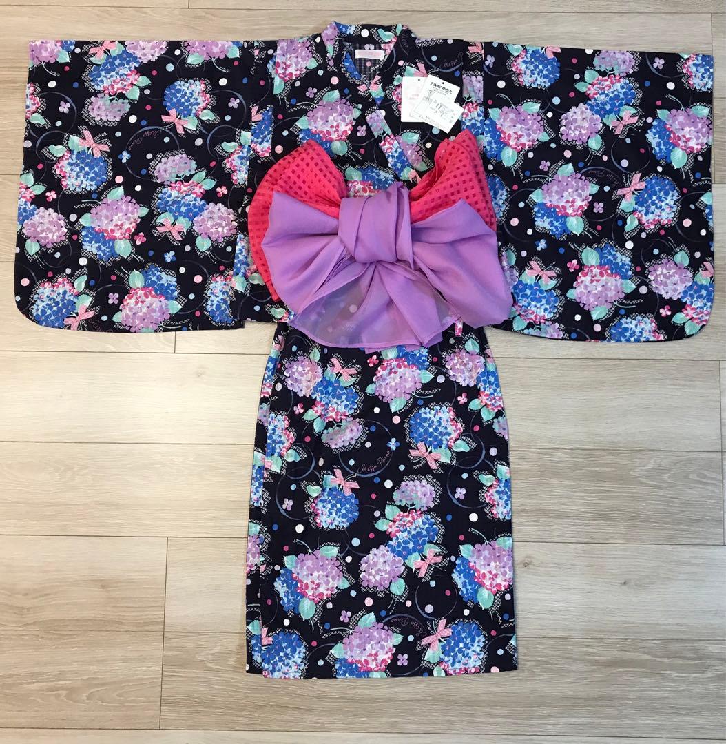 美品　メゾピアノmezzopiano浴衣2way 紫陽花リボン　ラメ　150