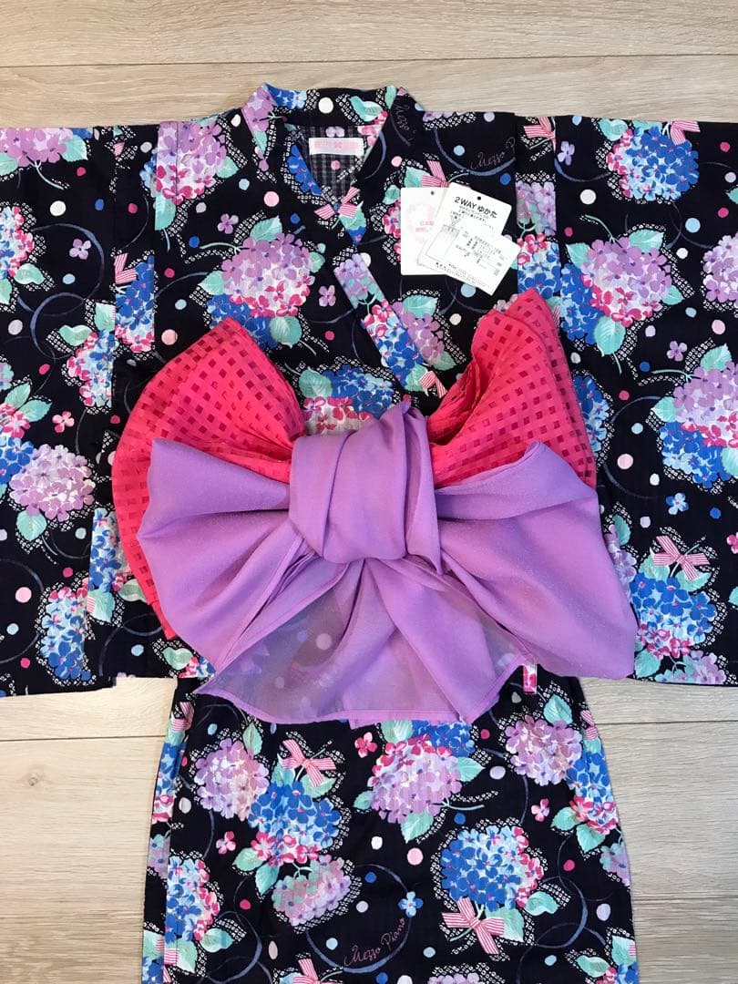 美品　メゾピアノmezzopiano浴衣2way 紫陽花リボン　ラメ　150