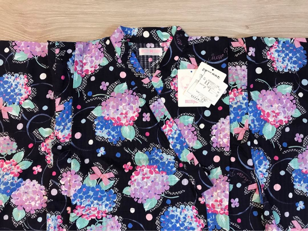 美品　メゾピアノmezzopiano浴衣2way 紫陽花リボン　ラメ　150