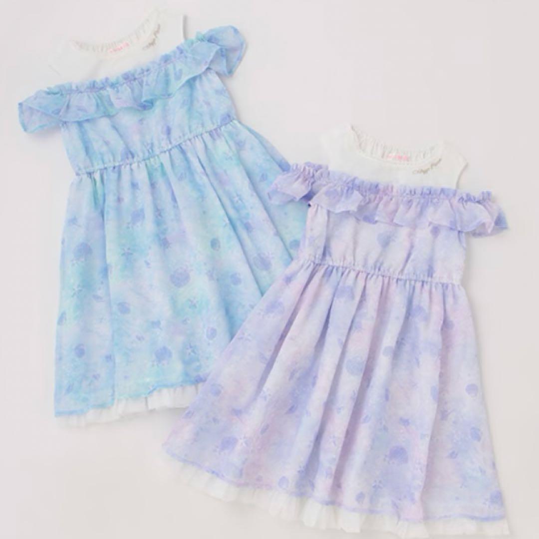 メゾピアノ シェル柄シフォン　肩開きワンピース　120