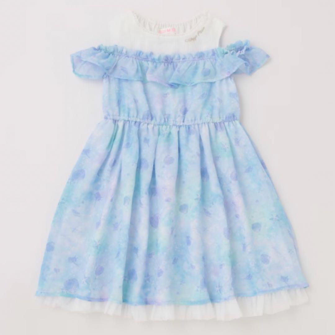 メゾピアノ シェル柄シフォン　肩開きワンピース　120