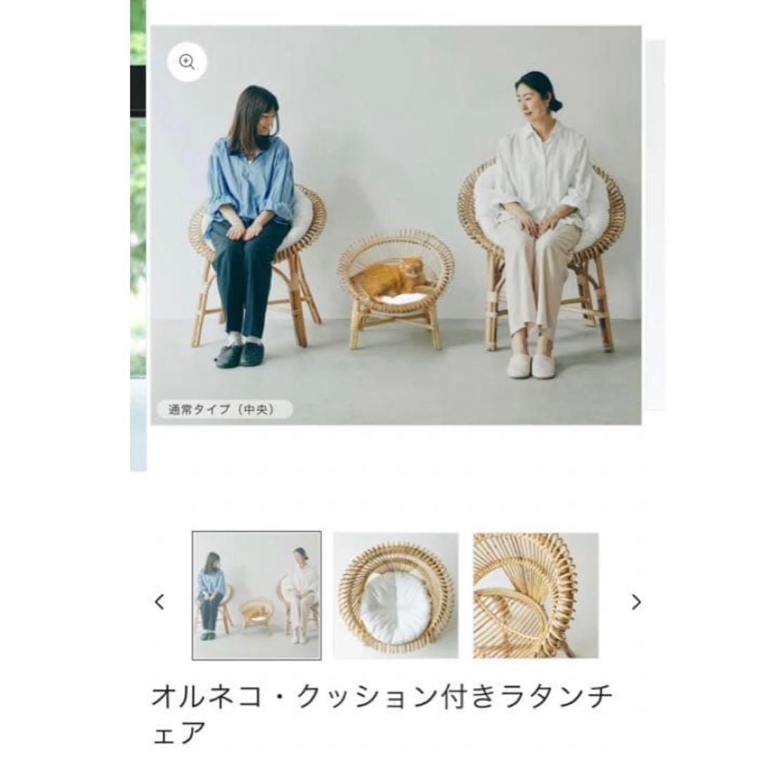 オルネコ　ラタンチェア 椅子　白クッション付き　猫ベッド　木製　キャットベッド