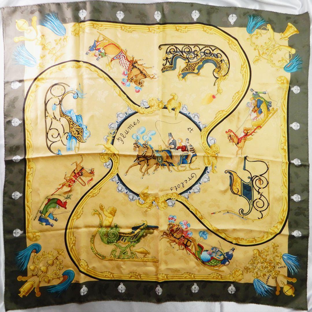 HERMES　カレ90　スカーフPLUMES ET GRELOTS 羽飾りと鈴