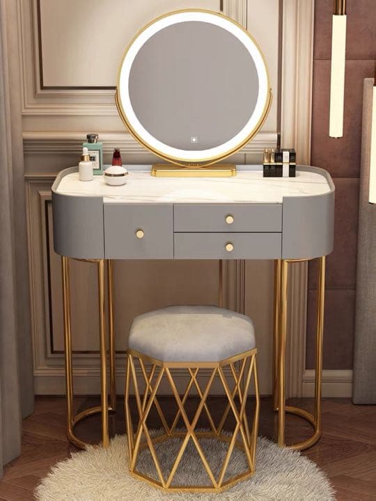 北欧風  オシャレドレッサー　グレー　80cmレザー調 大理石天板 LEDミラー