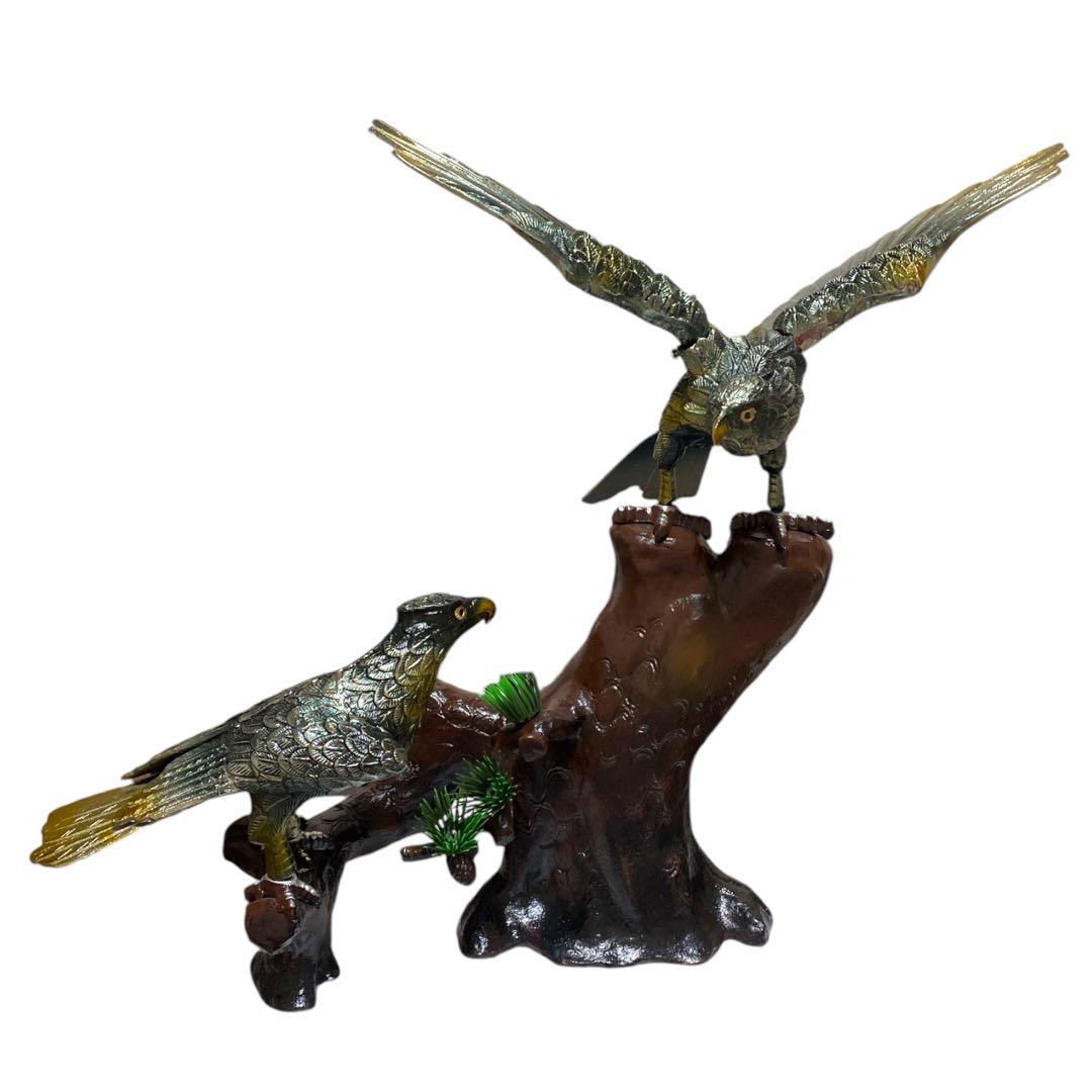 高級床置 夫婦鷹 箱付き アンティーク 床の間 鉄製 金属工芸 高さ50cm超え