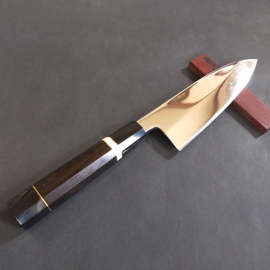 スーパー鏡面V金10号出刃包丁195mm 黒檀黒水牛銀巻八角柄