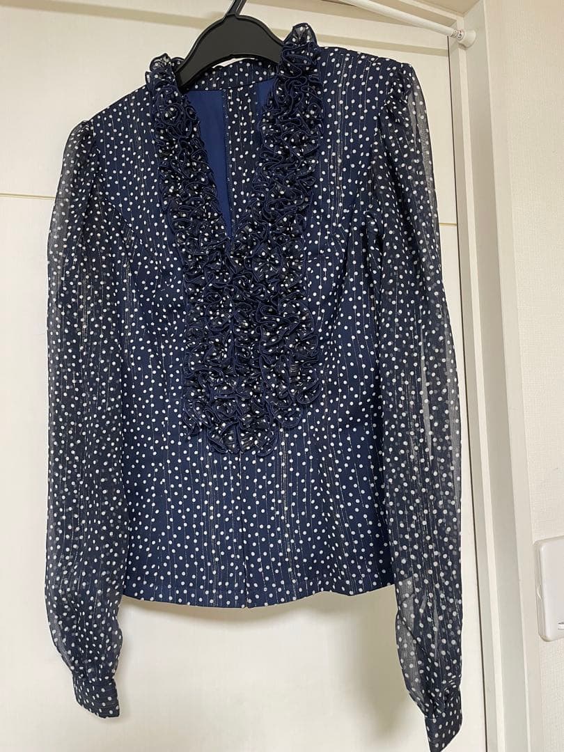 SONIA JOHNES ネイビー ドット柄 長袖ブラウス 【サイズ3表記】