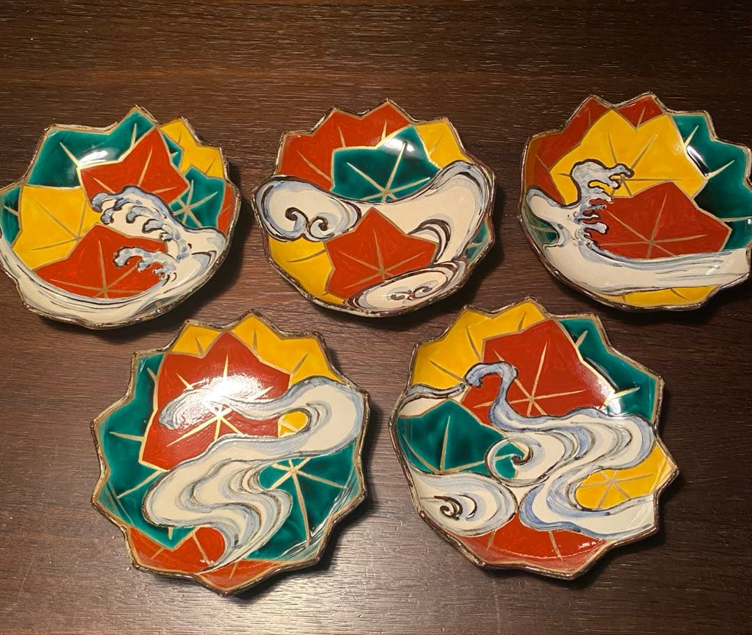 乾山写呉須入り竜田川文向付5種5色絵がわり 5客　清水焼　京器　懐石向付