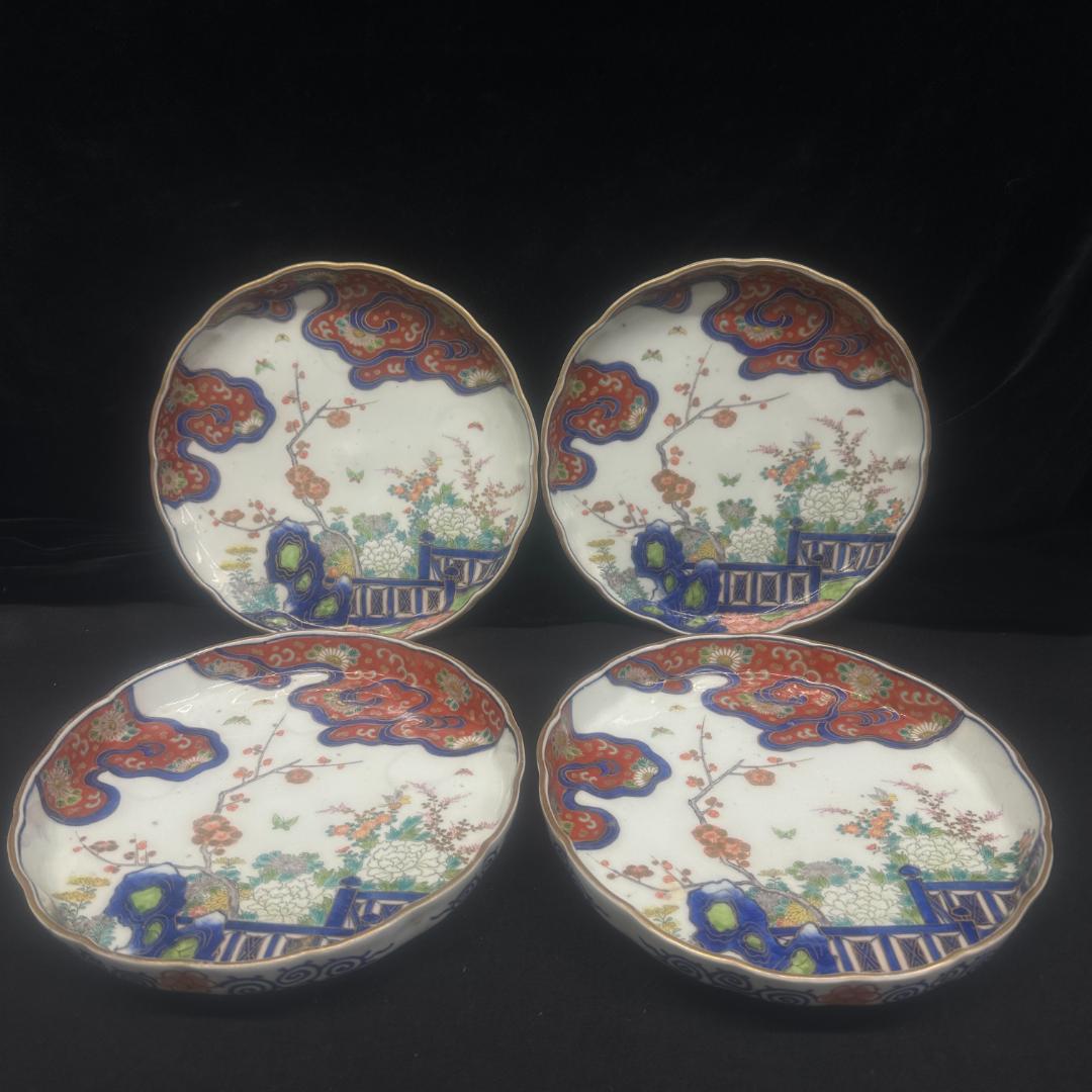 旧宮家伝来 明治期 オールド深川 オールド香蘭社 手描き花草紋様皿 4枚