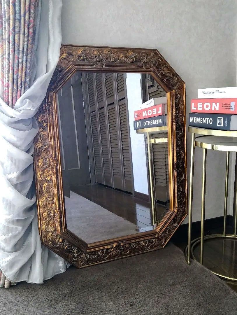 イタリア製 アンティーク八角ミラー・ 壁掛け 鏡・木製レリーフ鏡・クラシック