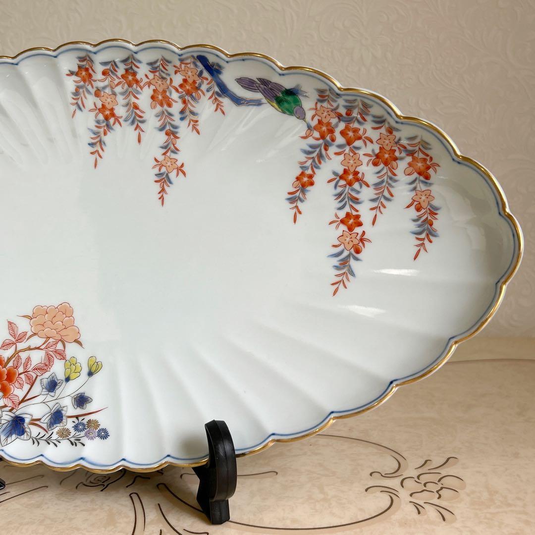 有田焼　賞美堂　其泉窯　君子文　大皿　金彩　楕円皿　盛皿　菊割皿　古伊万里　色絵