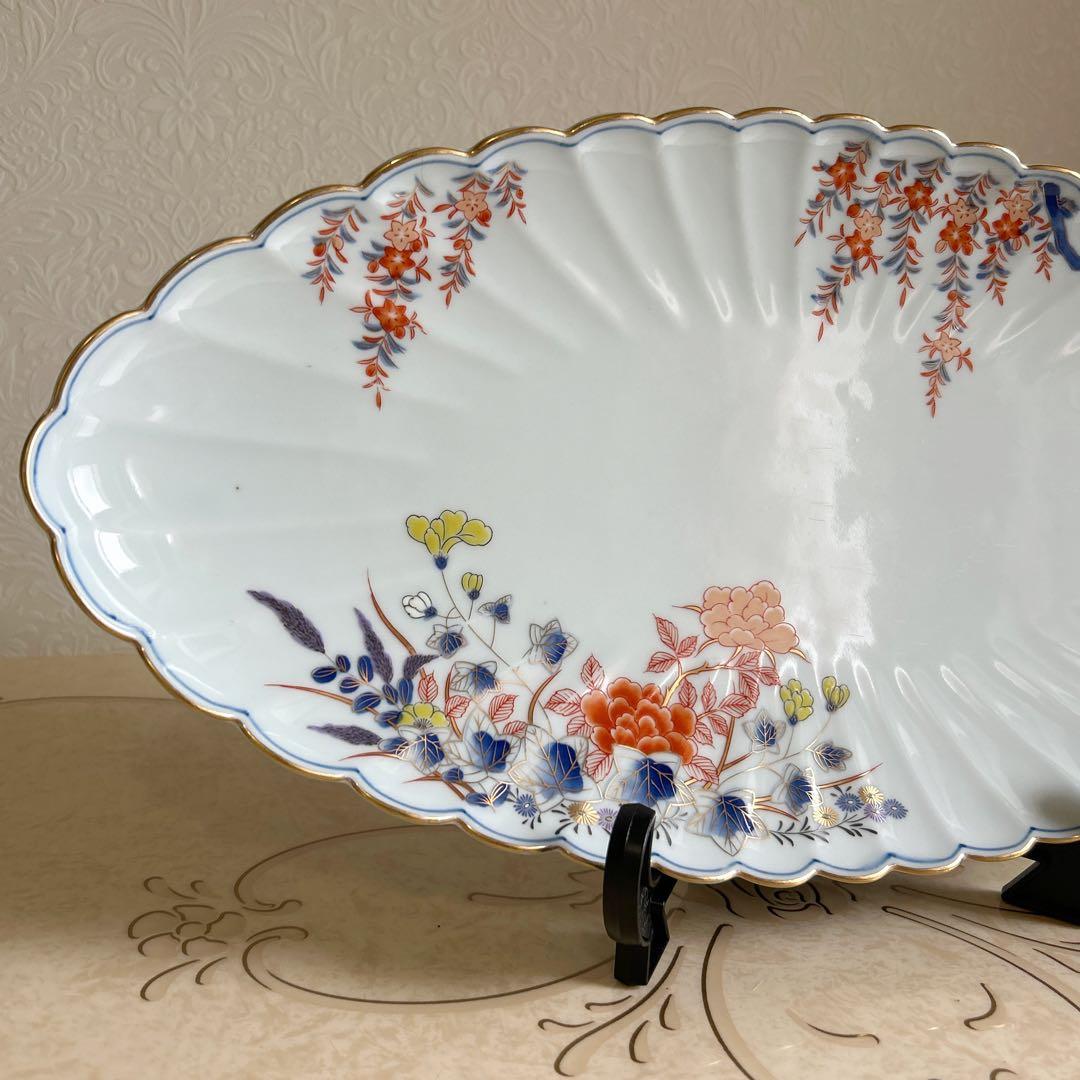 有田焼　賞美堂　其泉窯　君子文　大皿　金彩　楕円皿　盛皿　菊割皿　古伊万里　色絵