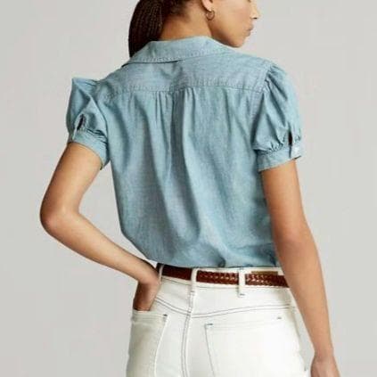 ポロラルフローレン パフスリーブウォッシャブルデニムシャツ 刺繍ロゴ