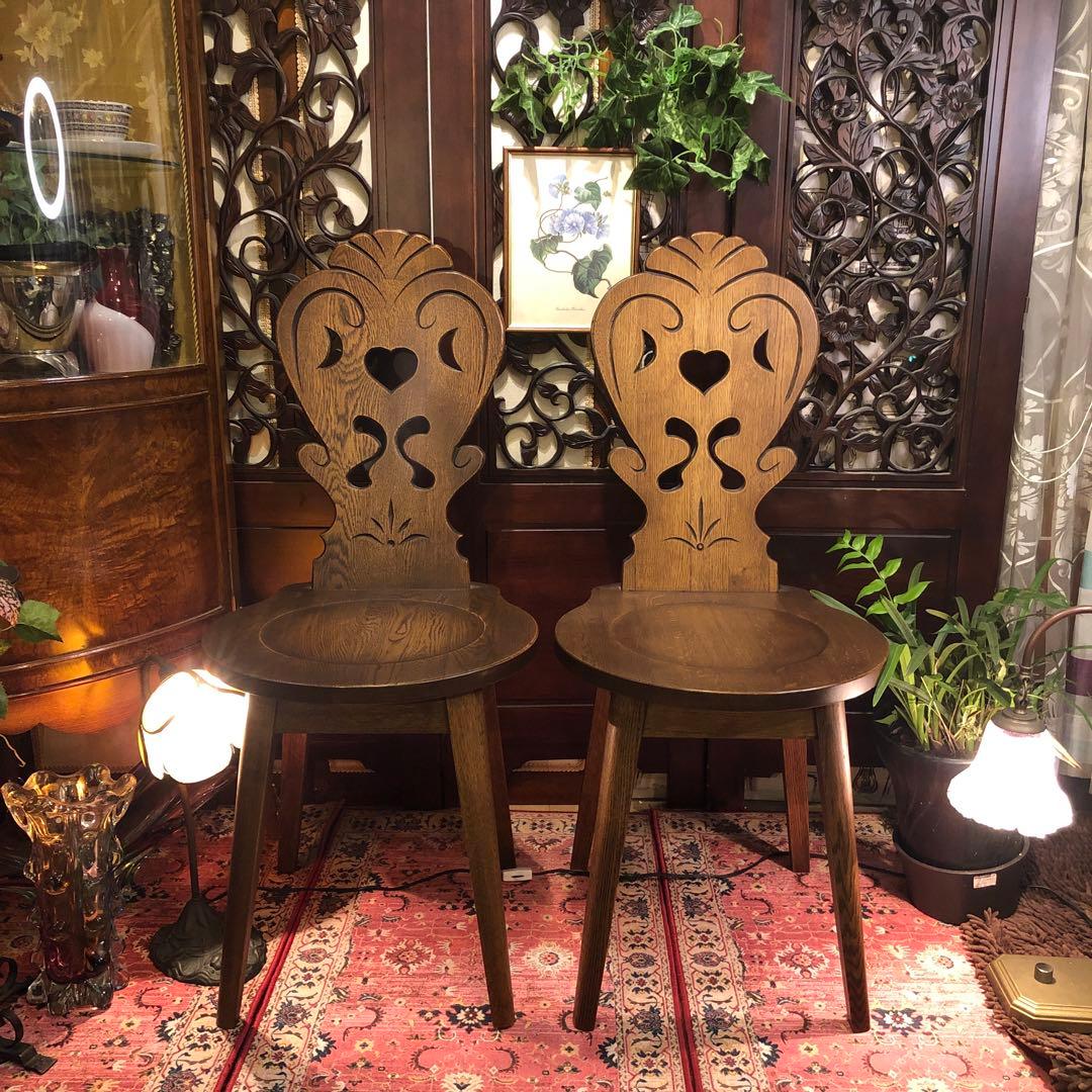 ローズ２脚　ブリティッシュアンティークST ハートくり抜き　板座チェア