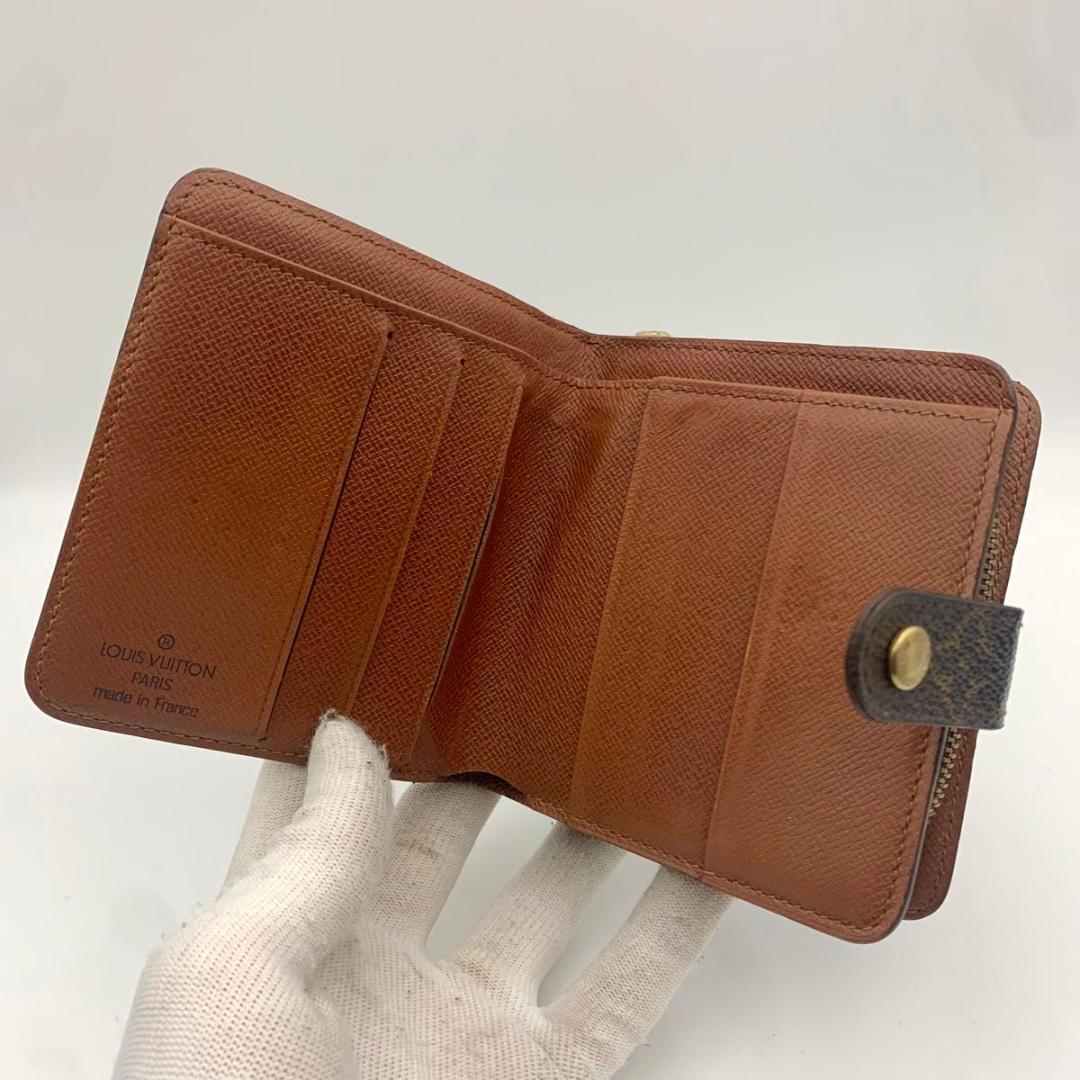 鑑定済み ルイヴィトン コンパクトジップ 二つ折り モノグラム 財布 ミニ 茶