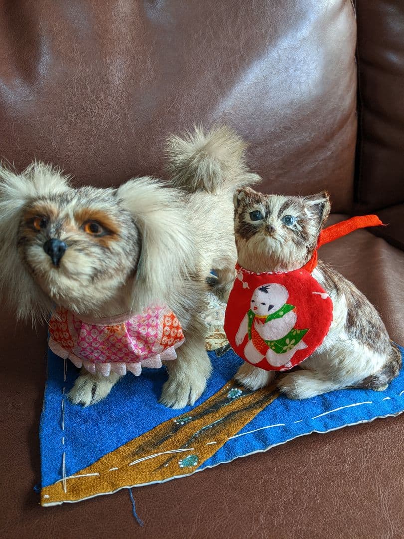 アンティーク・骨董　古い毛植え人形　朕・猫セット　検)市松人形・雛人形