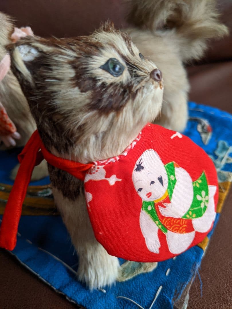 アンティーク・骨董　古い毛植え人形　朕・猫セット　検)市松人形・雛人形