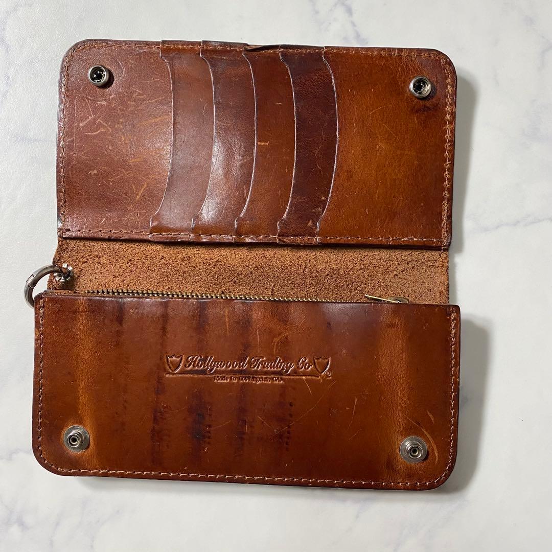 【良品】HTC　長財布　フラワースタッズ　折り財布　レザー　ブラウン　革　装飾