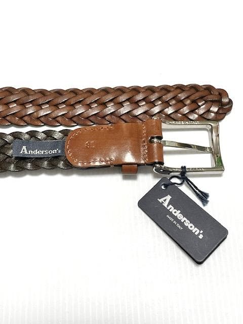 新品タグ付 アンダーソンズ アンティーク調ブラウンレザーメッシュベルト