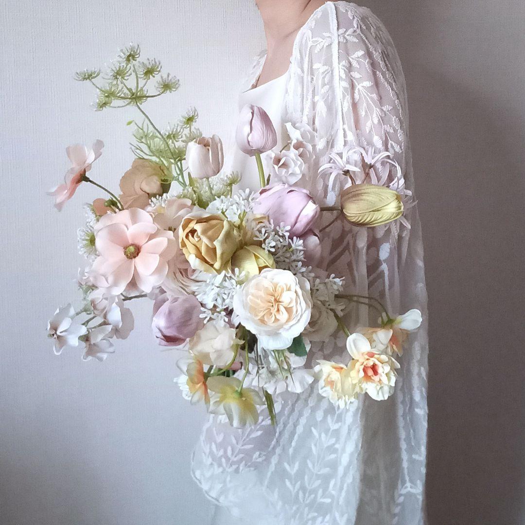 イエロー　ラベンダー　チューリップ　パステル　ウェディングブーケ　造花　結婚式