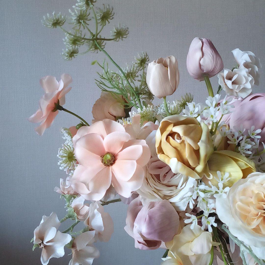 イエロー　ラベンダー　チューリップ　パステル　ウェディングブーケ　造花　結婚式