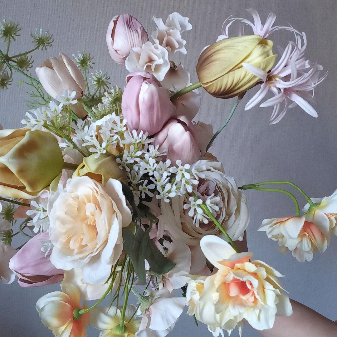 イエロー　ラベンダー　チューリップ　パステル　ウェディングブーケ　造花　結婚式