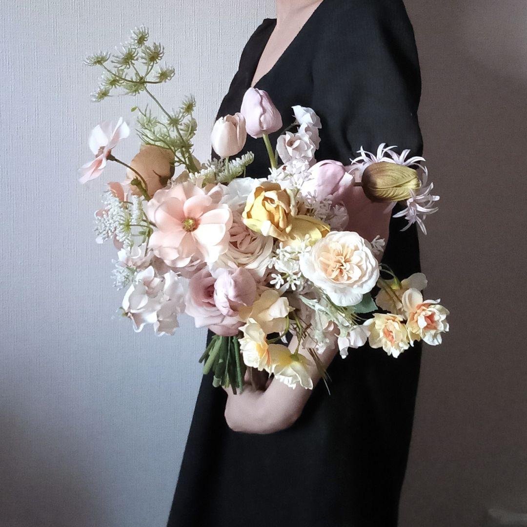 イエロー　ラベンダー　チューリップ　パステル　ウェディングブーケ　造花　結婚式