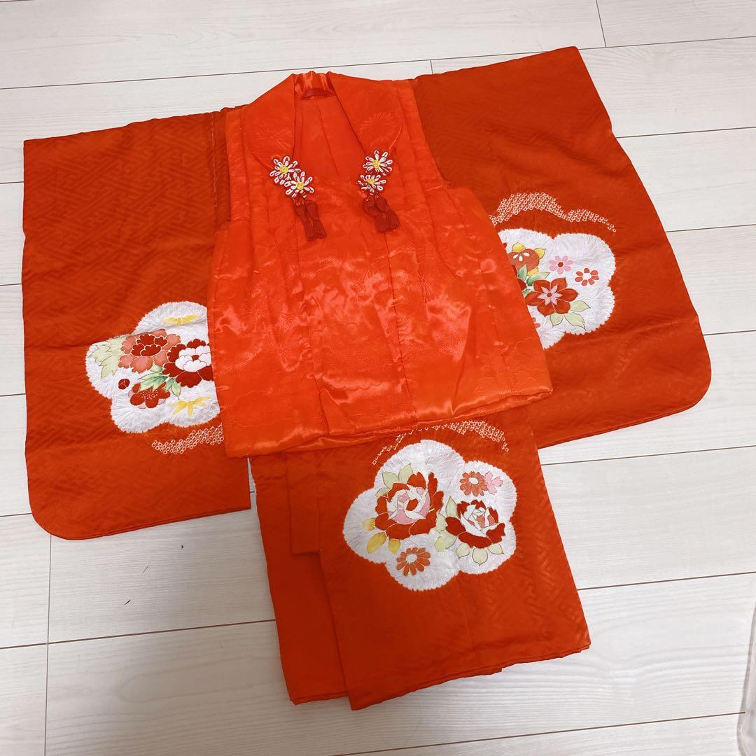 七五三 3歳 正絹 着物 被布 バッグ 草履 髪飾り セット