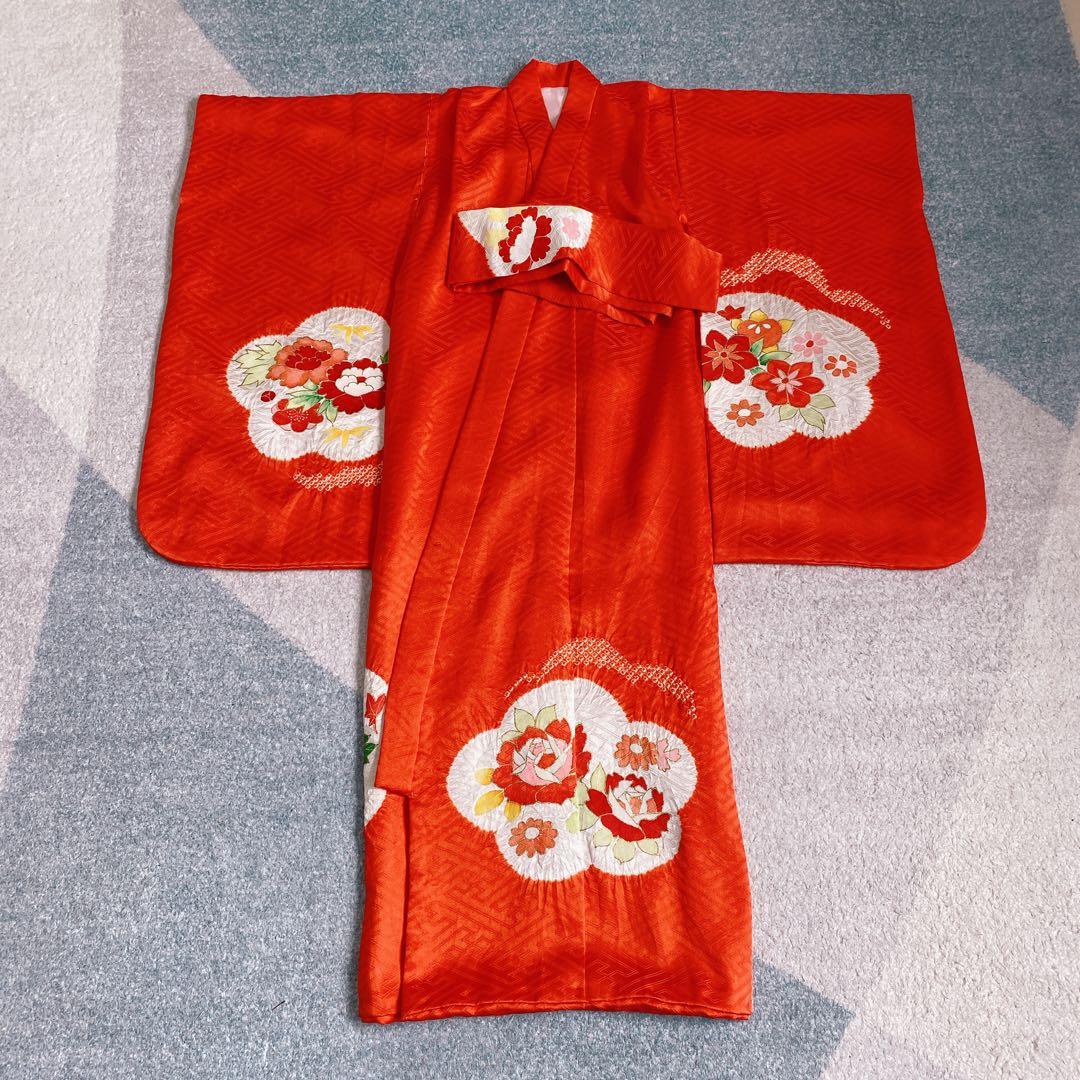 七五三 3歳 正絹 着物 被布 バッグ 草履 髪飾り セット