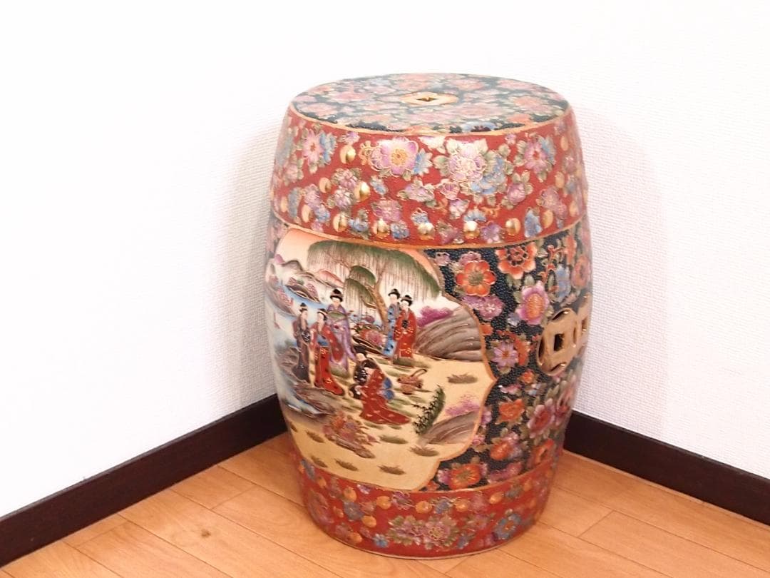 【美品】陶器製 スツール 椅子/花台/飾り台 美人画/花文/青粒 シノワズリ家具