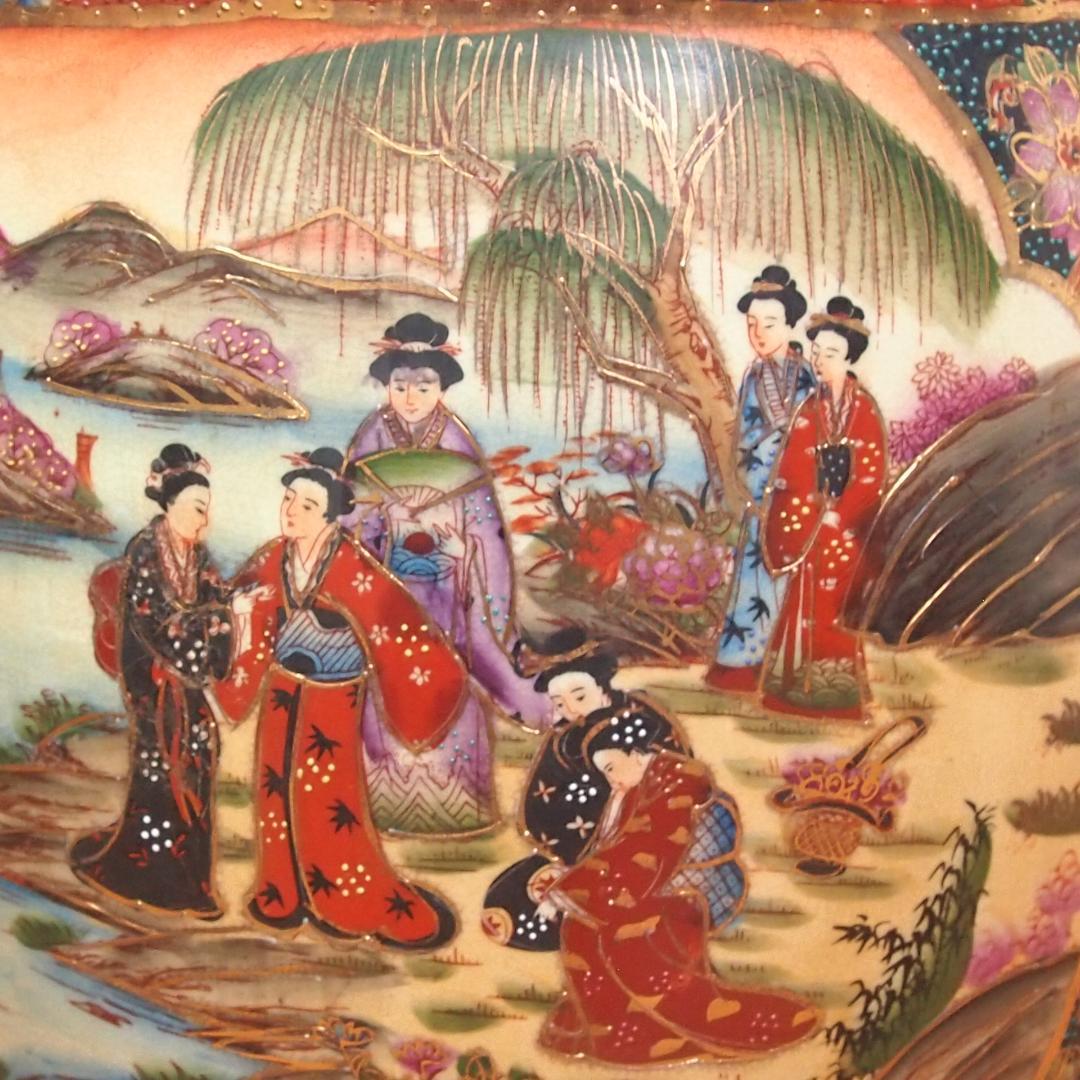 【美品】陶器製 スツール 椅子/花台/飾り台 美人画/花文/青粒 シノワズリ家具