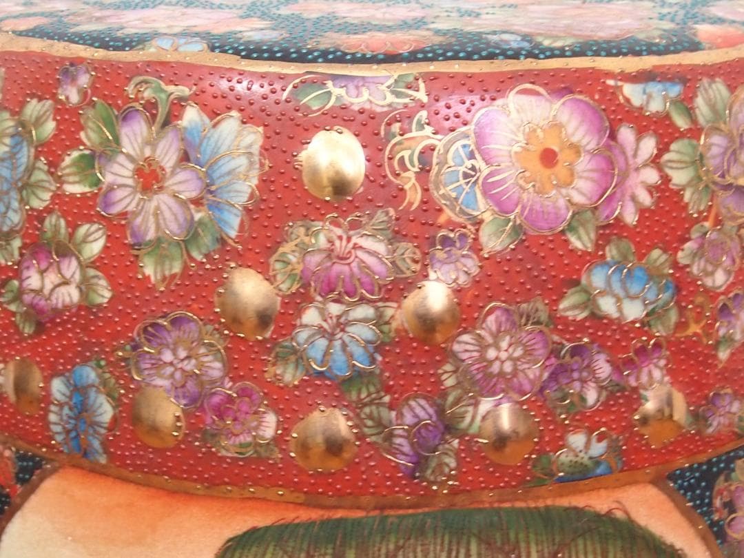 【美品】陶器製 スツール 椅子/花台/飾り台 美人画/花文/青粒 シノワズリ家具