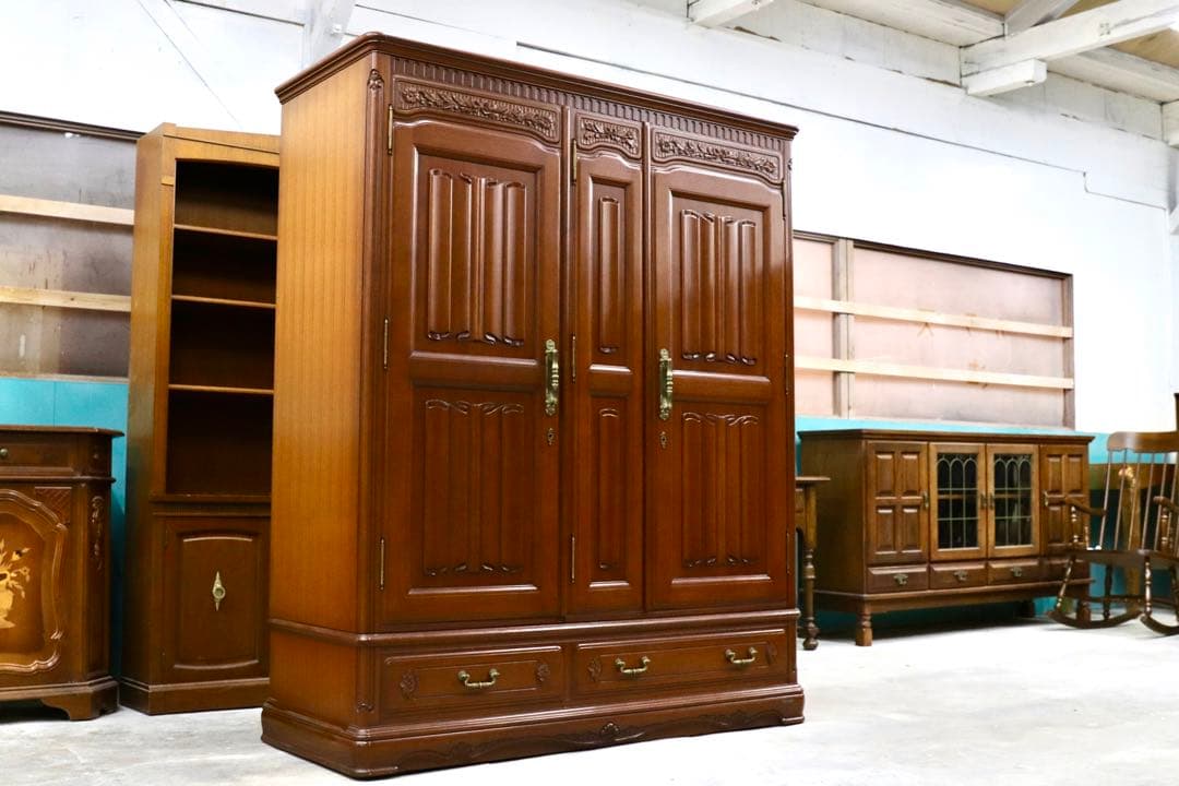 GMIH81○府中家具 最高級 ワードローブ 洋服箪笥 洋タンス チーク材 約