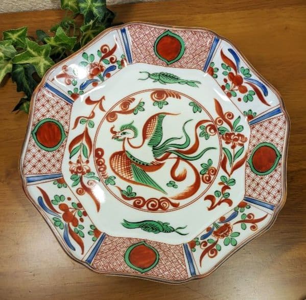 値下げ‼️✿未使用✿九谷焼 九谷洋窯 赤絵鳳凰図 八角皿 5枚揃え 工芸 縁起物