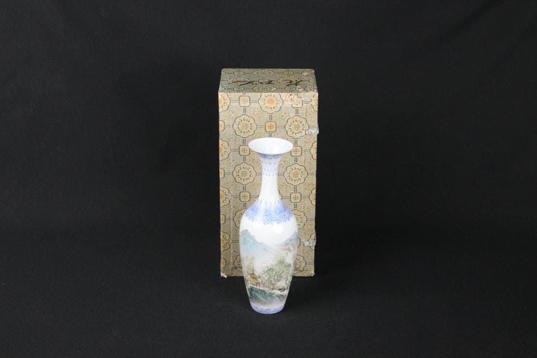 中国 花瓶 薄口 粉彩山水人物 唐物 花生 色絵 陶磁器 景徳鎮 FJ11-4