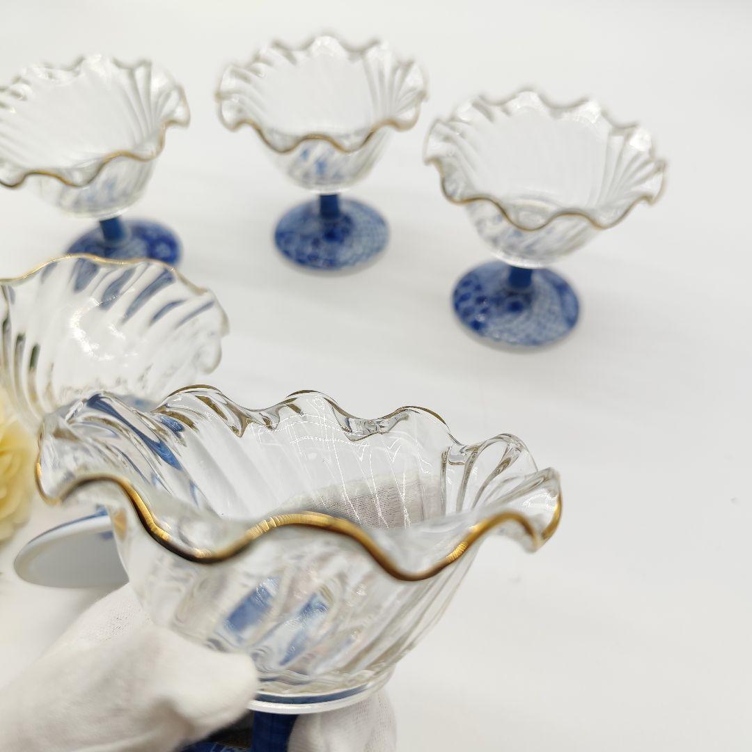 三洋陶器 龍峰窯　染付捻祥瑞　ガラスデザート鉢　足付高台小鉢　金彩５客