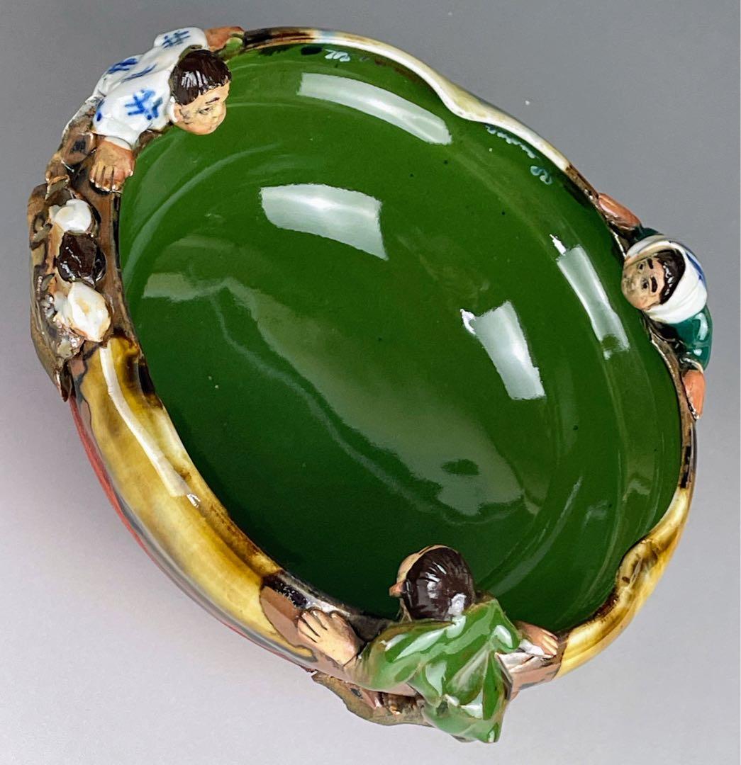 隅田焼 井上良斎 高浮彫人物立体造形焼物 明治期 ボウル トレイ 深皿 鉢