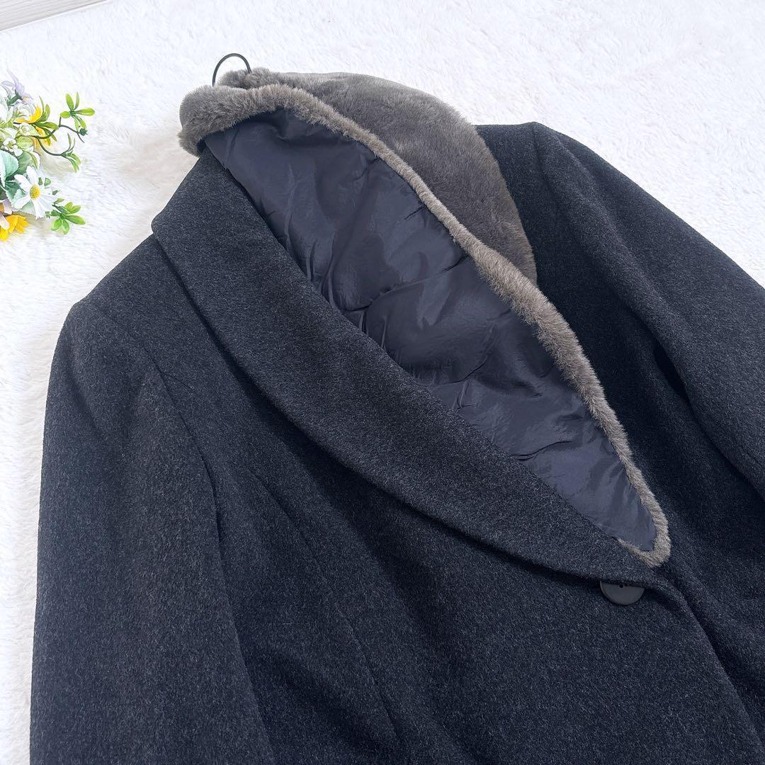 Harrods カシミア混 ファーつき ロングコート 2way チャコールグレー