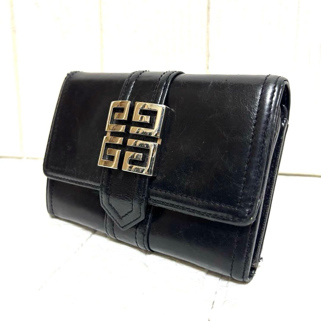 希少 ジバンシー メタル ビッグ ロゴ レザー 二つ折り 財布 黒 ヴィンテージ