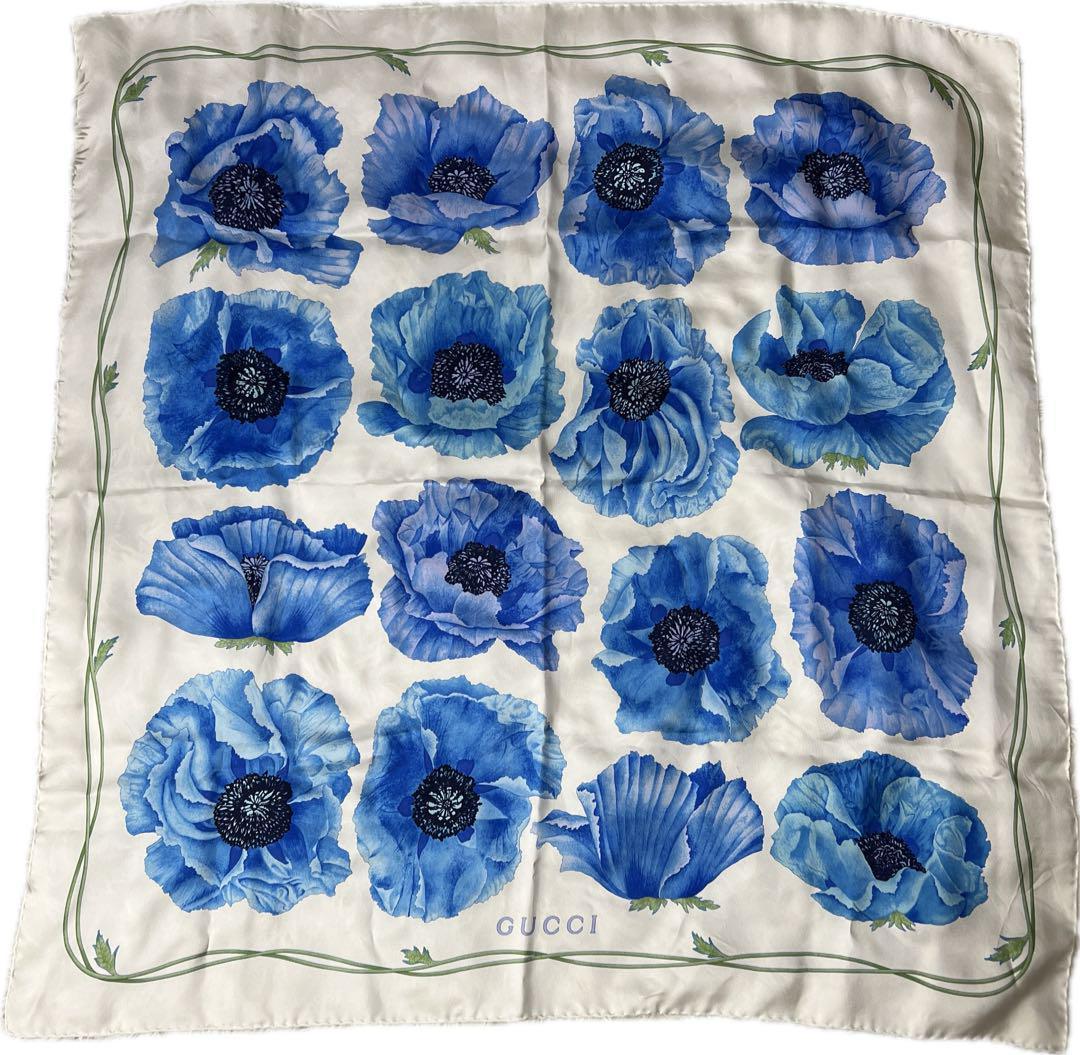 GUCCI グッチ 大判 スカーフ ブルー 青 ホワイト 白 フラワー 花柄
