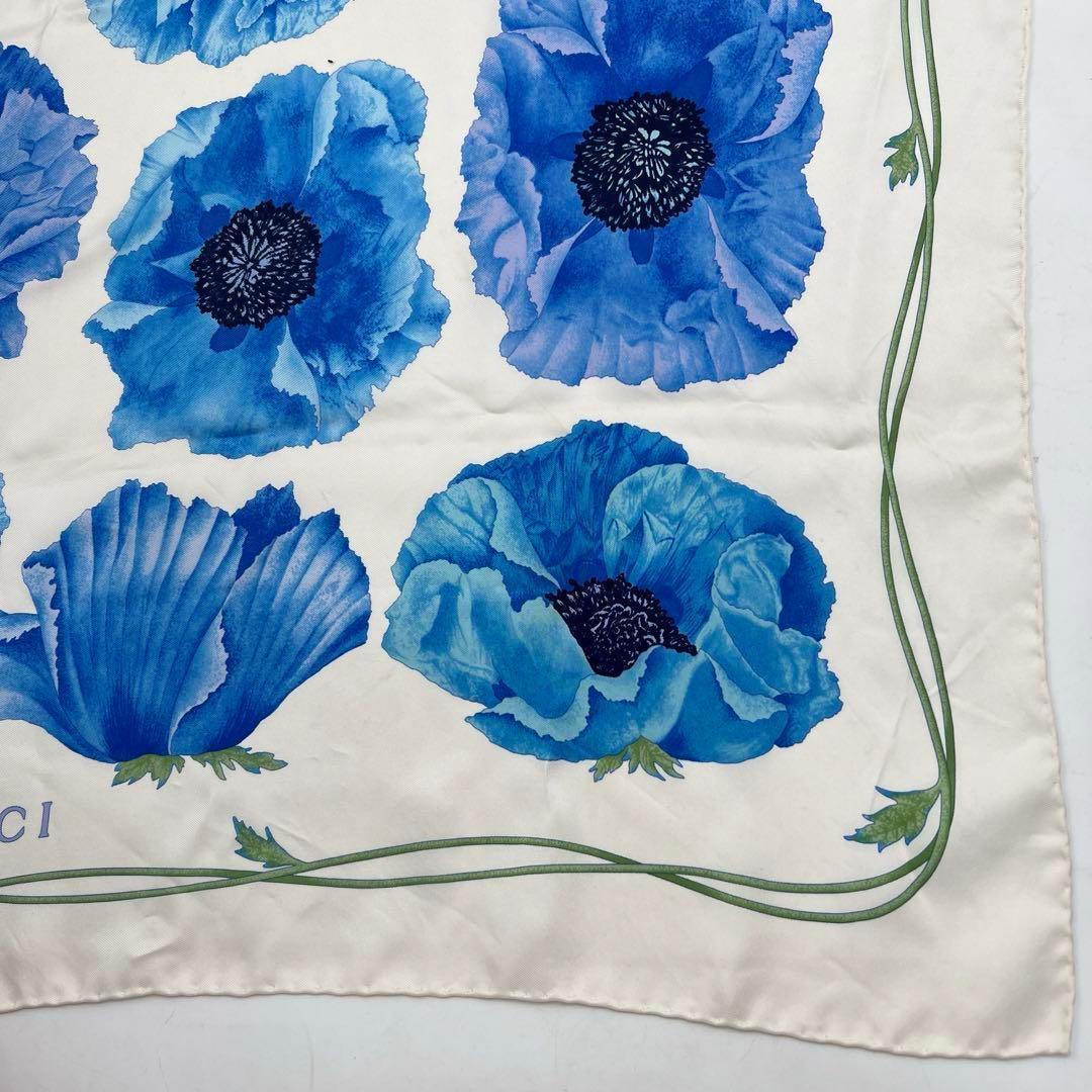 GUCCI グッチ 大判 スカーフ ブルー 青 ホワイト 白 フラワー 花柄