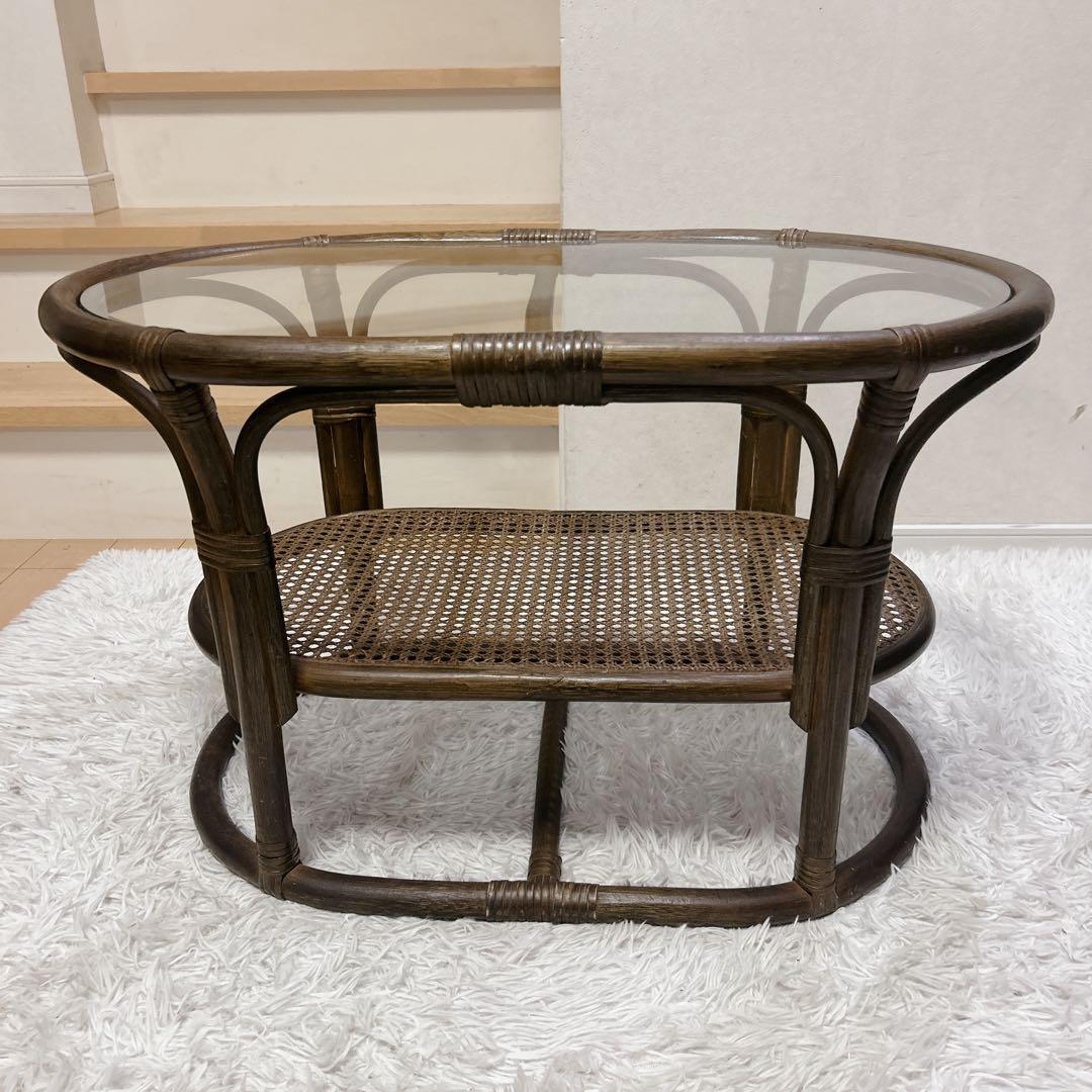 ラタン テーブル ガラス アジアンテイスト 昭和レトロ 送料無料