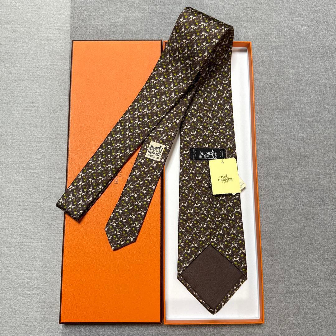 未使用タグ付　箱付　エルメス　ネクタイ　茶色　ジョッキーホース