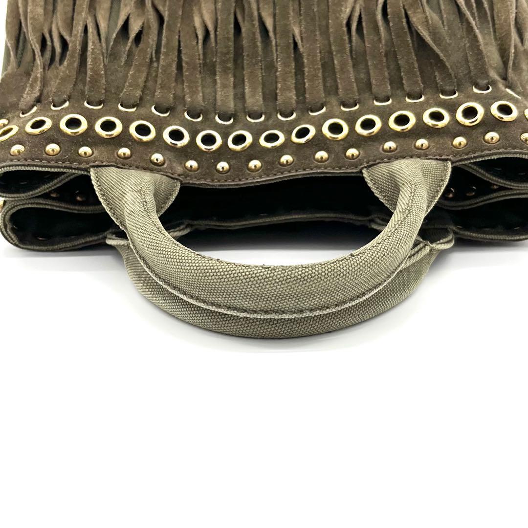 PRADAプラダ カナパ トートバッグ フリンジ スタッズ カーキ ゴールド金具