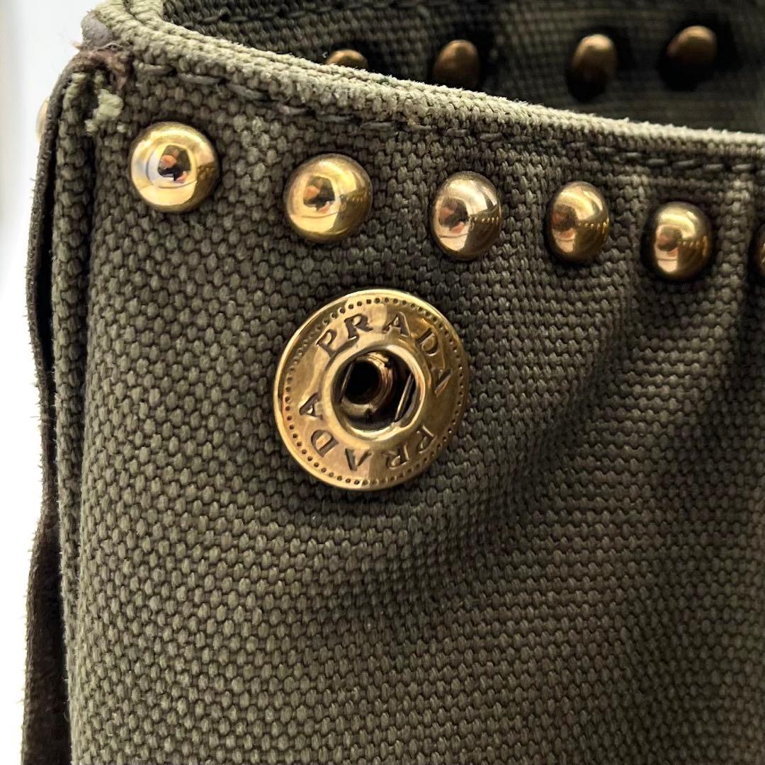 PRADAプラダ カナパ トートバッグ フリンジ スタッズ カーキ ゴールド金具
