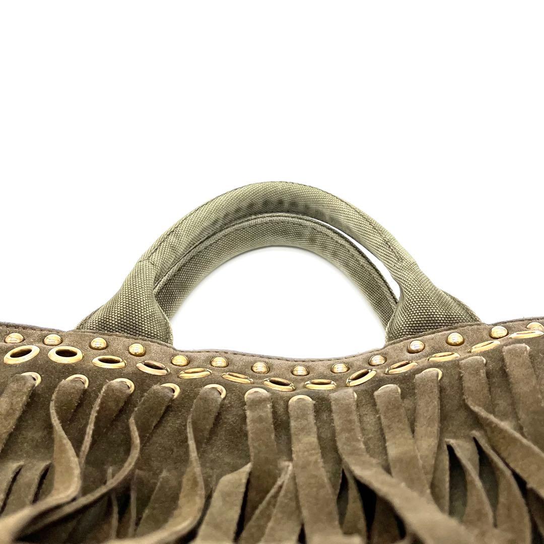 PRADAプラダ カナパ トートバッグ フリンジ スタッズ カーキ ゴールド金具