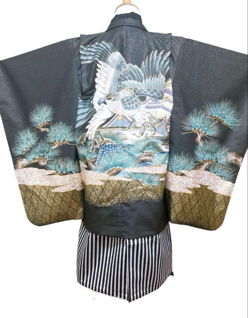 美品！黒系　縦縞袴　七五三　5歳　男の子　セット一式　　鷹　松　城