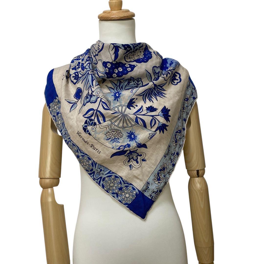 美品 HERMES トライアングルジェアン 花咲く織物 カシミヤ シルク.
