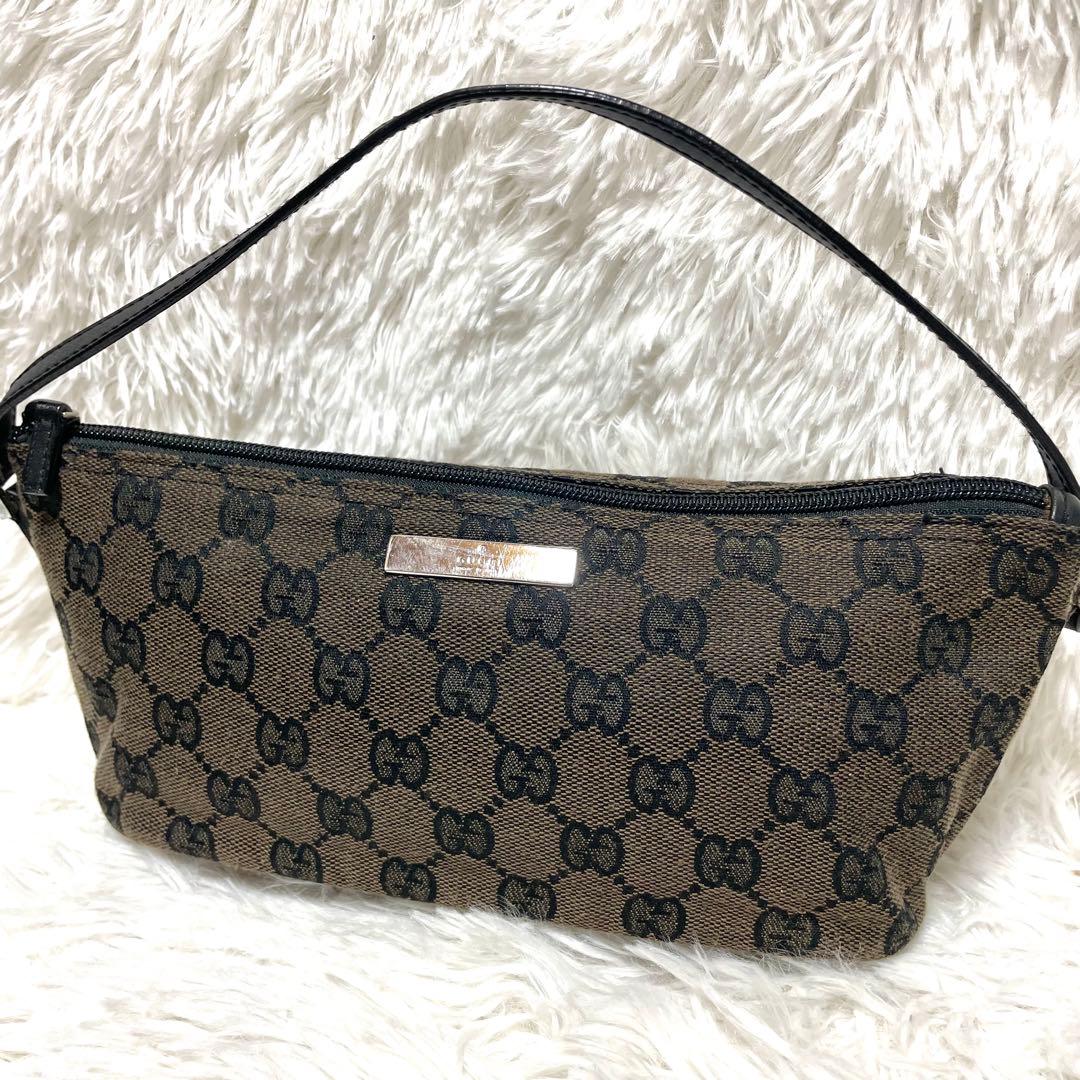 【美品】GUCCI アクセサリーポーチ GG柄 キャンバス レザー ロゴプレート